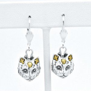 925 Silver Handmade Dangle Cat LeverBack Earrings